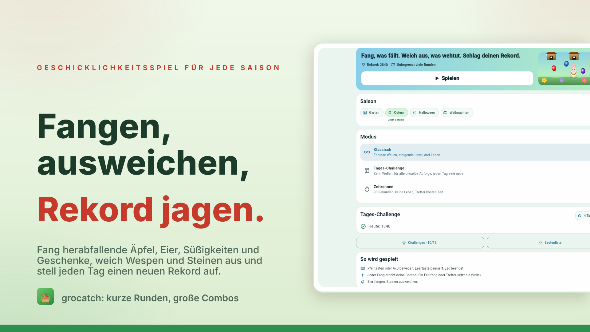 grocatch Hero-Grafik: Fangen, ausweichen, Rekord jagen