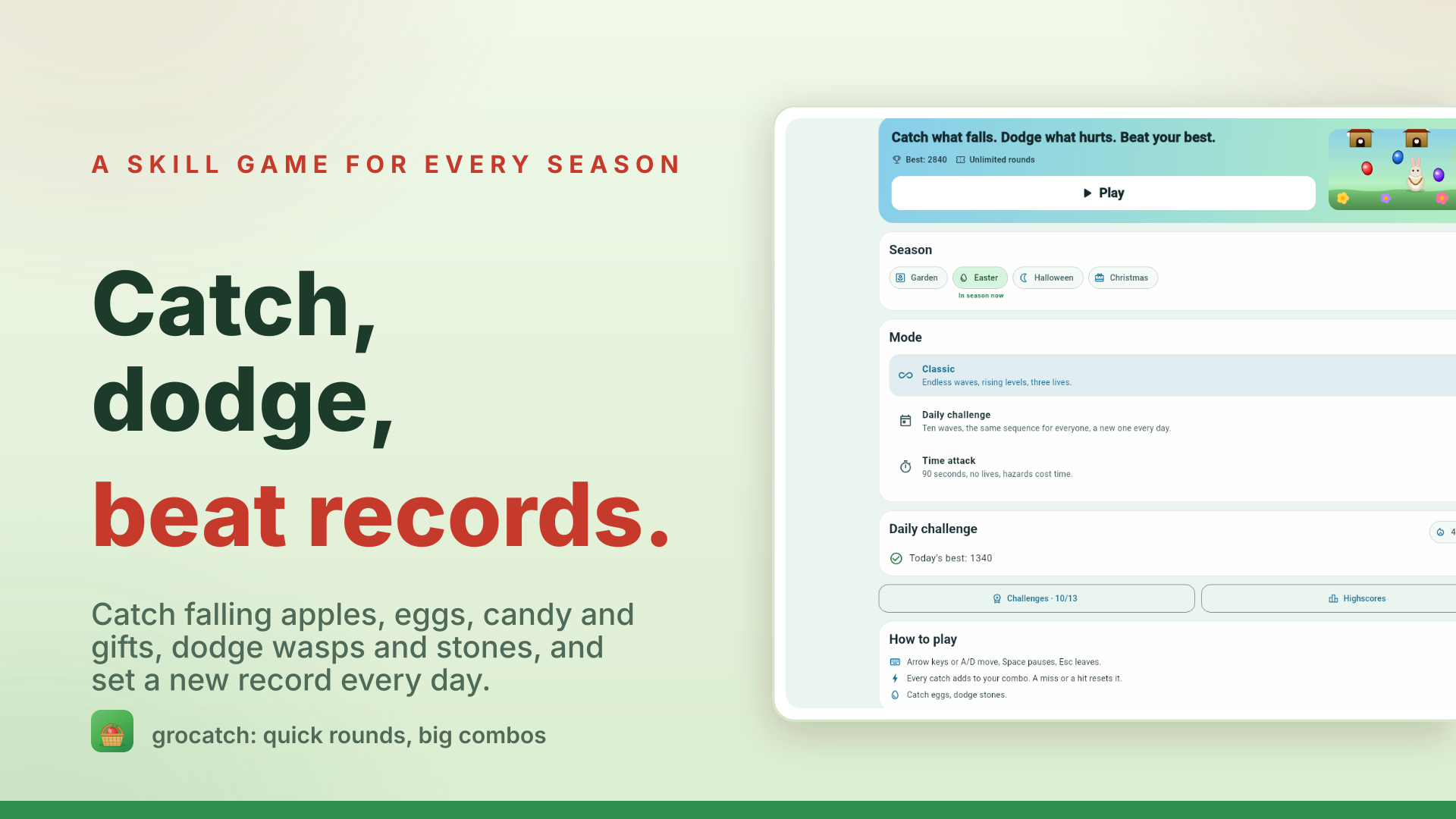 grocatch hero graphic: catch, dodge, beat records