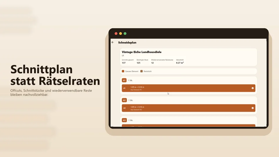 grocraft Schnittplan mit Zuschnitten, Reststücken und wiederverwendbaren Offcuts.
