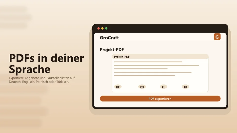 grocraft PDF-Export und Sprachunterstützung für Baustellenlisten.