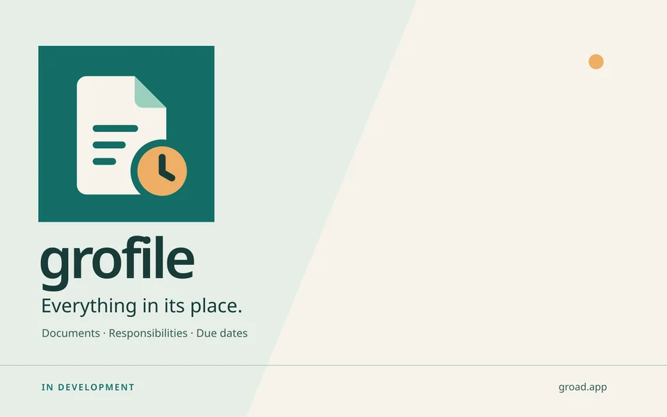 grofile brand illustration with a document and clock in teal, paper white and amber. In development. Not an app screenshot.
