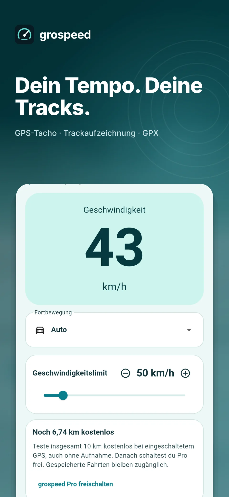 grospeed: Dein Tempo. Deine Tracks. – GPS-Tacho, Trackaufzeichnung und GPX