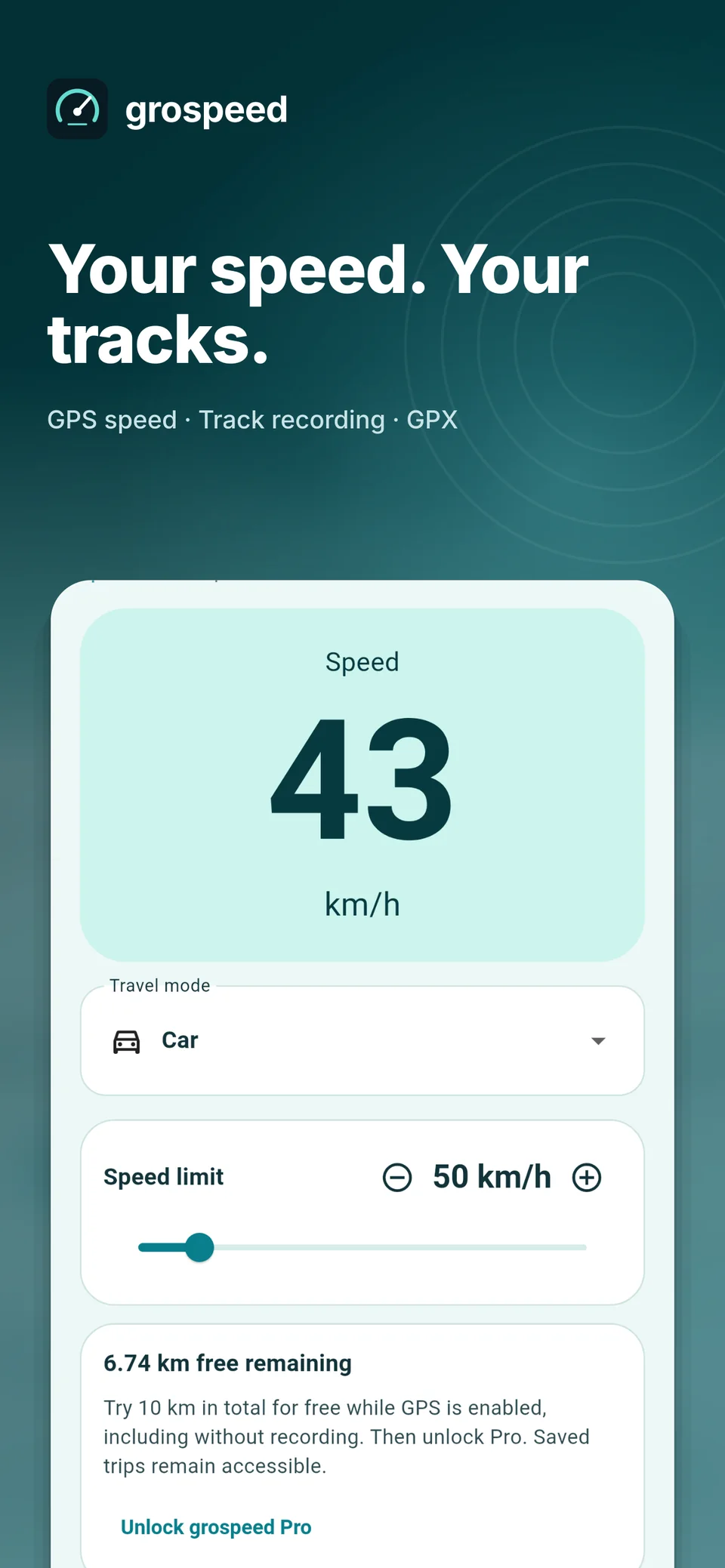 grospeed: Your speed. Your tracks. – GPS speed, track recording and GPX