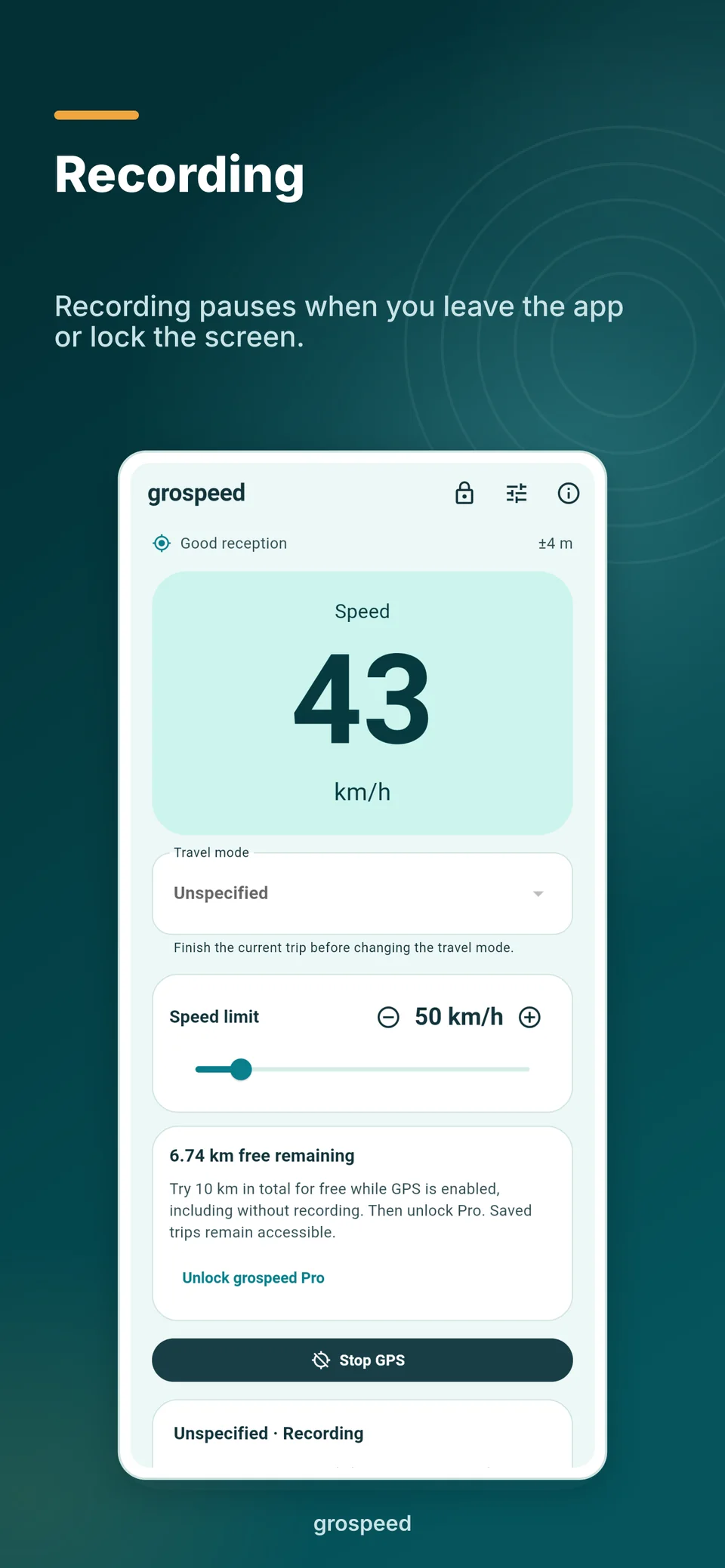 Active track recording with time, distance and pause