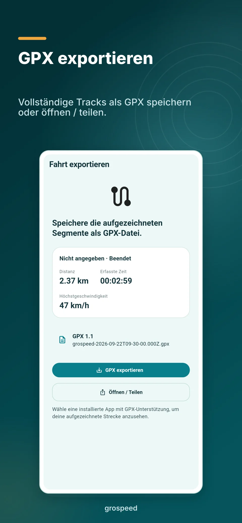 GPX-Export eines gespeicherten Tracks mit Speichern und Öffnen / Teilen