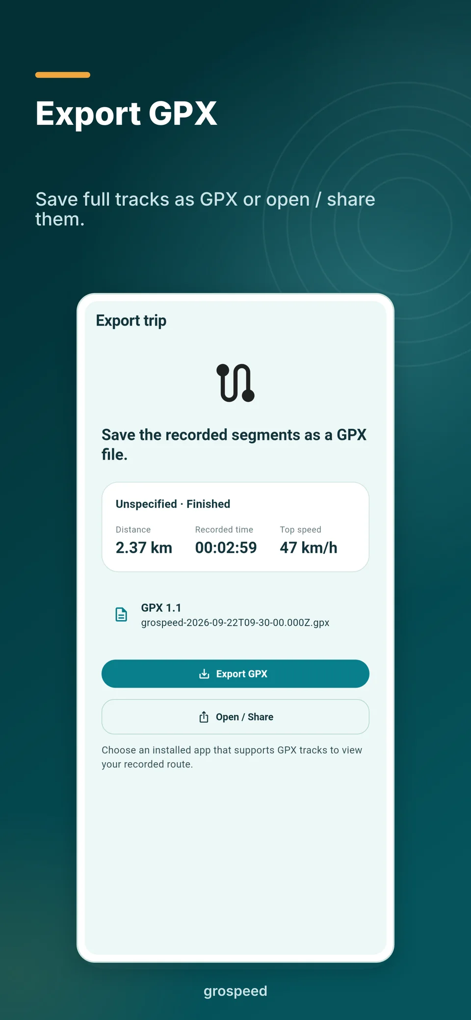 GPX export of a saved track with Save and Open / Share