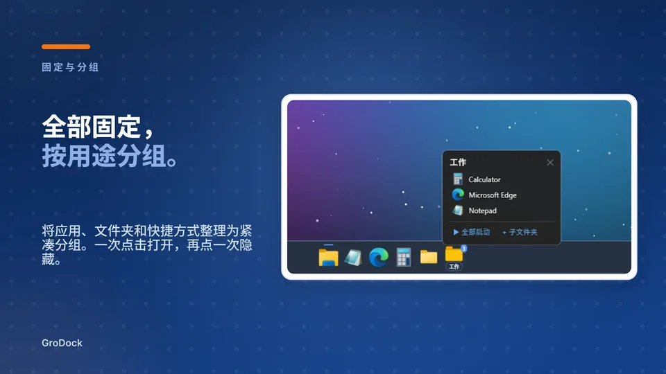 grodock: 全部固定， 按用途分组。