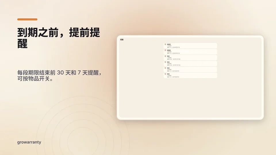 growarranty: 到期之前，提前提醒