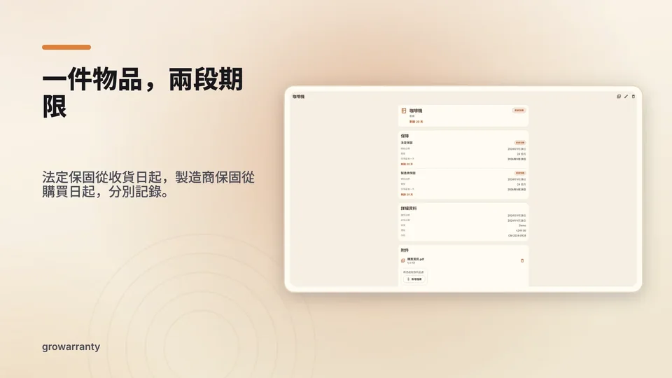 growarranty: 一件物品，兩段期限