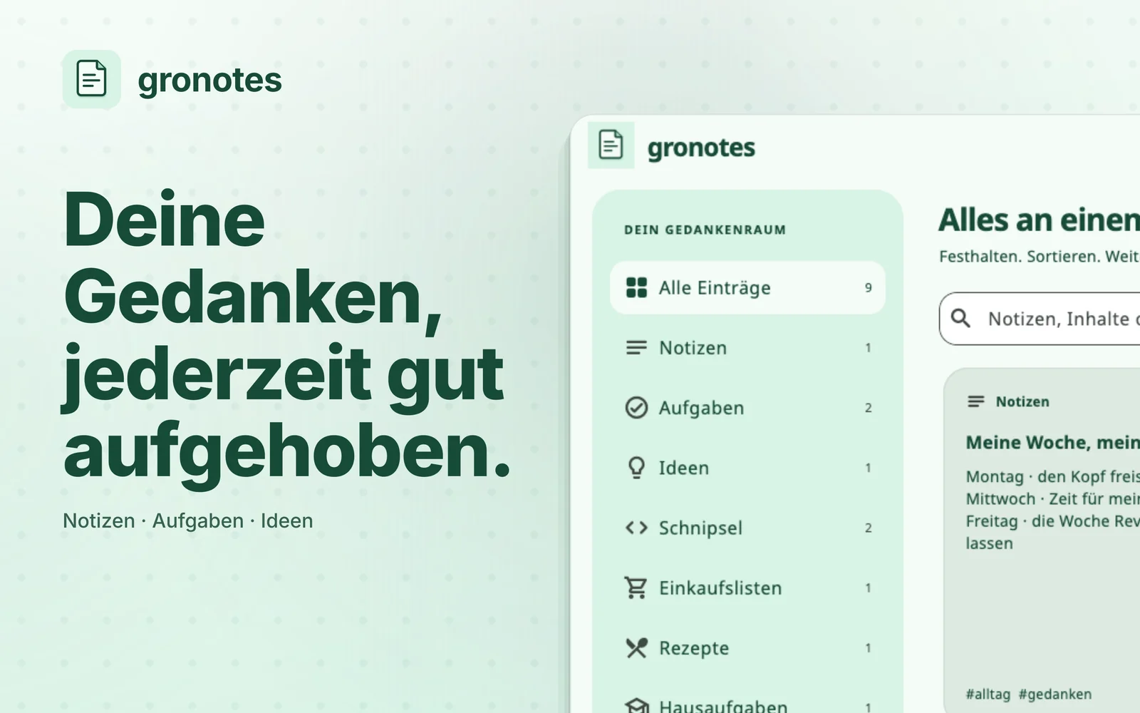 macOS · gronotes: Deine Gedanken, jederzeit gut aufgehoben.