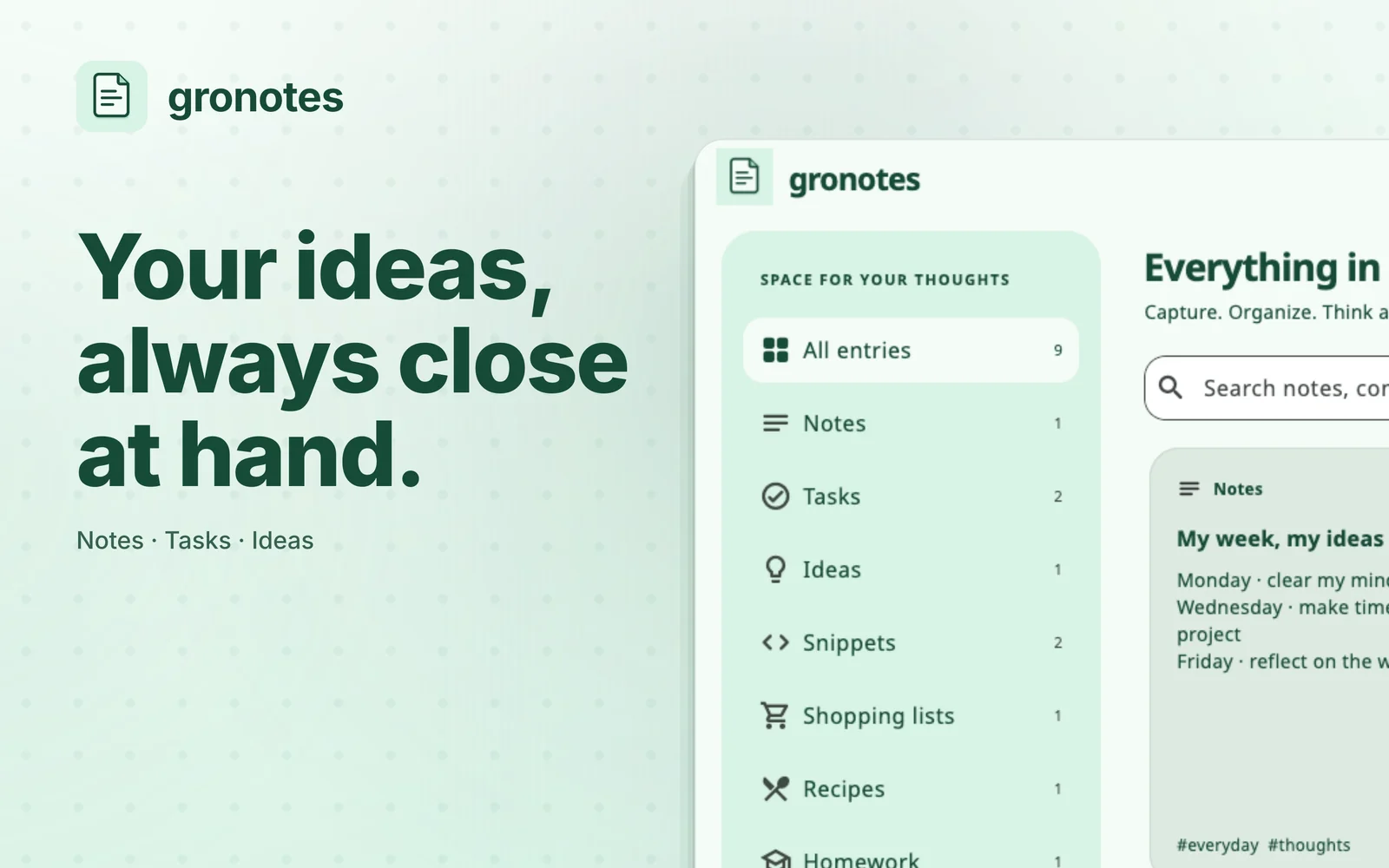 macOS · gronotes: Your ideas, always close at hand.